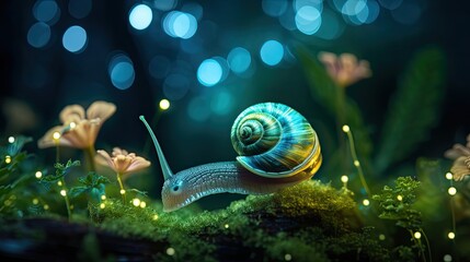 Obraz na płótnie Canvas a snail in a bioluminescent lush decor avatar
