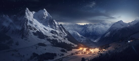 view of snowy mountains at night. - obrazy, fototapety, plakaty