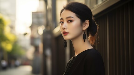 Woman dressed in black, posing in front of asian building