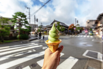 Japanese green tea flavored ice cream cone