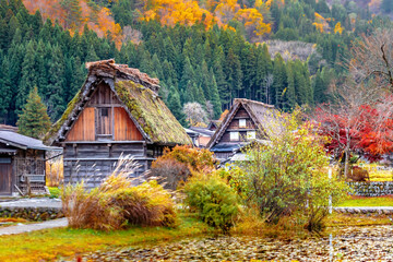 Historical Japanese Village. Shirakawa-go, Ono District, Gifu Prefecture, Japan In the autumn leaves change color