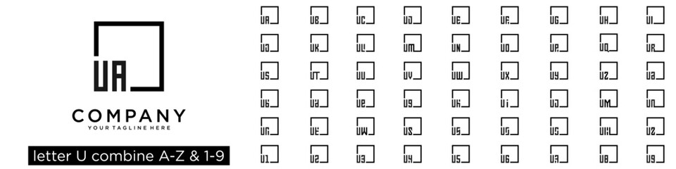 set of square logo design combined letter U with A to Z and numbers from 1 to 9. vector illustration