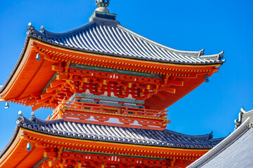 Red pagoda in Kiyomizu-dera temple in Kyoto Japan