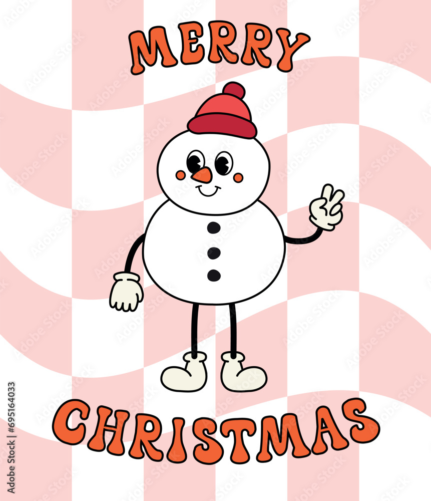 Sticker vector groovy retro cartoon snowman with merry christmas text isolated on chessboard background