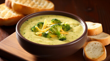 Creamy Broccoli and Cheddar Soup with Crusty Bread. generative ai