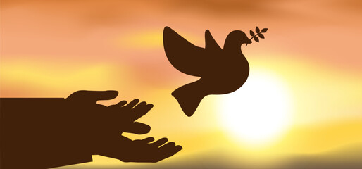 human hands and flying pigeon with olive branch on sunset background vector illustration