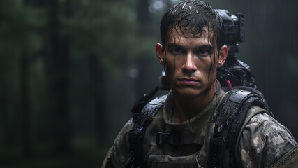 Obraz premium Portrait of a young soldier standing in the rain in dark forest