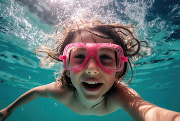 a child with goggles swimming underwater 
