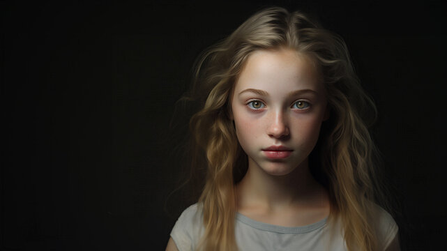A young girl with long dishwater blonde hair, wearing a grey shirt, is looking forward with a somewhat sad expression on her face. The image is captured in a dark setting.