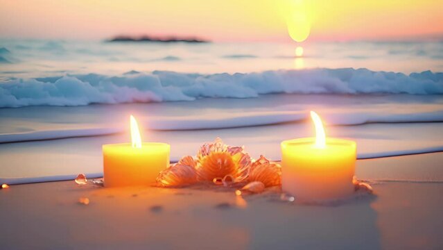 Closeup of a tranquil scene of candles tered on the sand, with a peaceful soundtrack of ocean waves crashing.