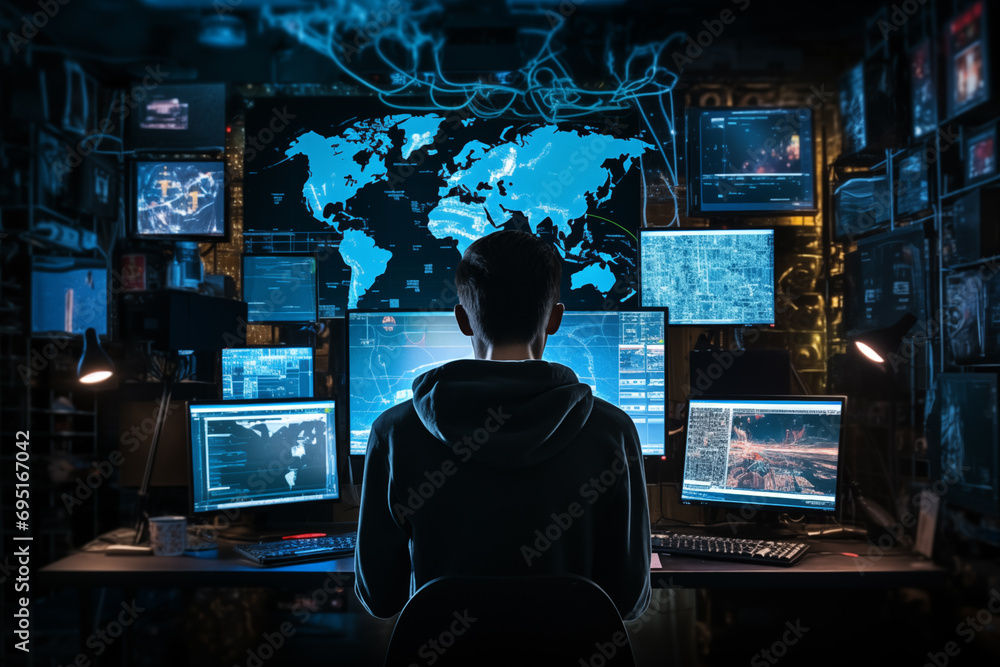 Poster a professional hacker, hooded and enigmatic, seated in front of a bank of multiple computer screens.