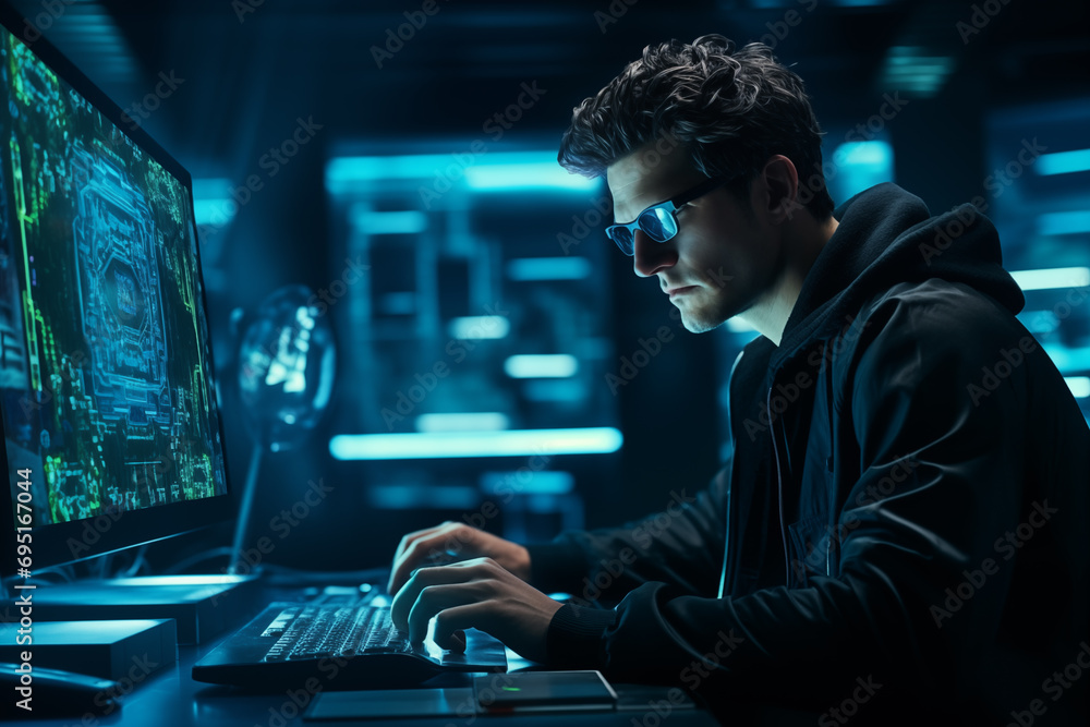 Poster a professional hacker, hooded and enigmatic, seated in front of a bank of multiple computer screens.