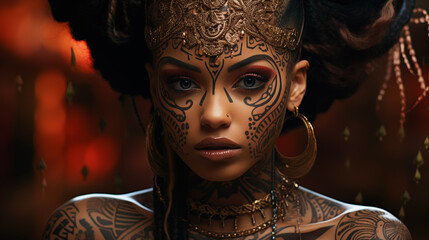 Face of a black woman adorned with intricate facial tattoos a blend of traditional and contemporary styles. - obrazy, fototapety, plakaty