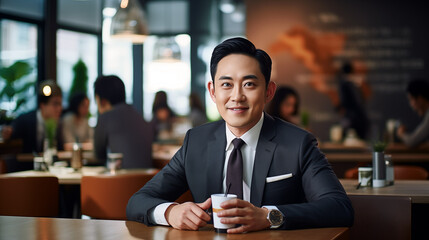 Fototapeta na wymiar Asian businessman dressed in a sharp, tailored suit, seated comfortably in a modern coffee shop.