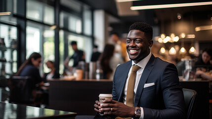 Naklejka na ściany i meble African American businessman dressed in a sharp, tailored suit, seated comfortably in a modern coffee shop.