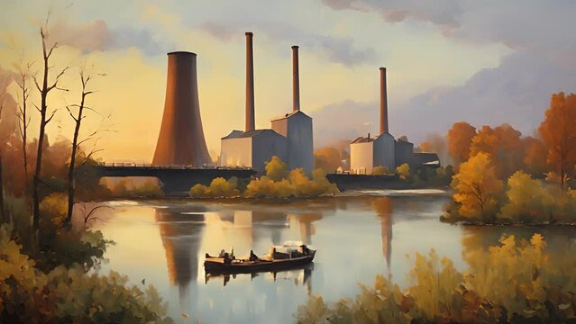 Nestled alongside calm river, power plants serene exterior belies buzzing energy within. gleaming metal towering chimneys plant stand stark contrast peaceful natural 2d animation