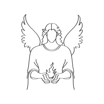 Archangel Zadkiel, male, holding a violet light elegant line art drawing, angel outline illustration