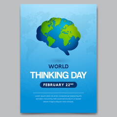 Naklejka na ściany i meble World Thinking Day February 22nd poster with brain as world map illustration