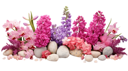 Beautiful bunch of pink flowers, lavender, tulip, red rose, jasmine, isolated on white background