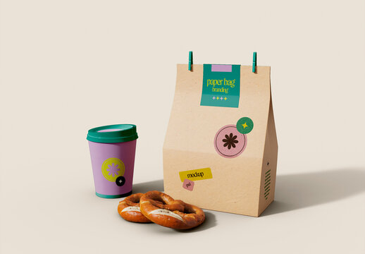Paper Cup with Bag and Pretzel Mockup