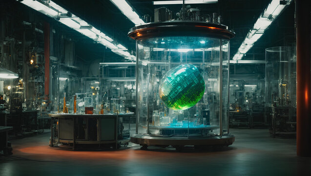 Imagine a secret laboratory where forbidden scientific experiments are conducted. There's a gigantic vertical glass cylinder containing a deformed alien creature ai generated