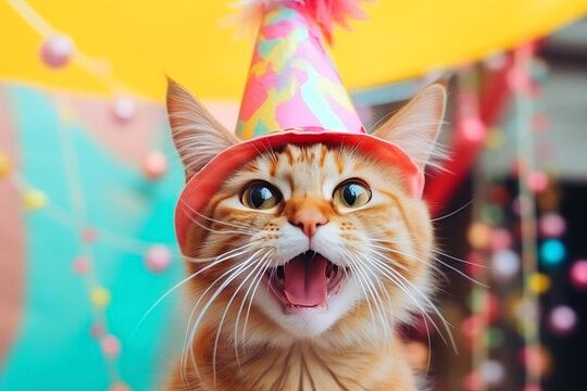 Funny cat in birthday hat, balloons and throwing confetti. Animal birthday celebration