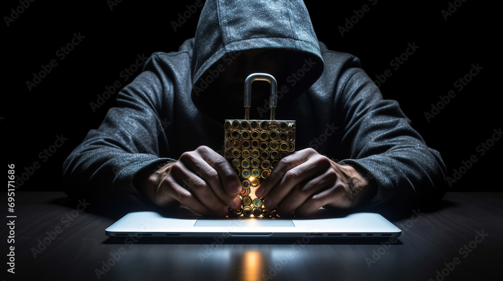 Poster padlock on computer perched on a table, handled by human hands, concept of cybersecurity in new tech