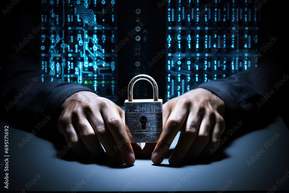 Poster padlock on computer perched on a table, handled by human hands, concept of cybersecurity in new tech