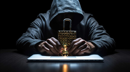 padlock on computer perched on a table, handled by human hands, concept of cybersecurity in new technologies