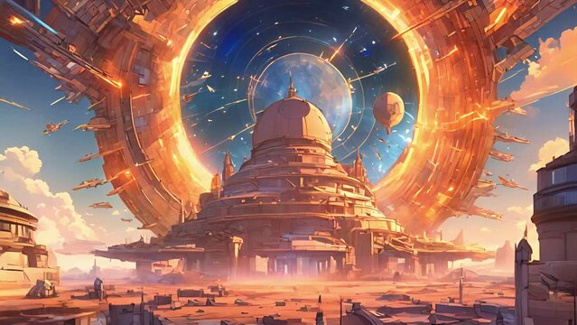 digital landscape Cyberspace Arena stretches see, vast everchanging world pixels code. Above, massive dome projects breathtaking view virtual sky, while below, players 2d animation