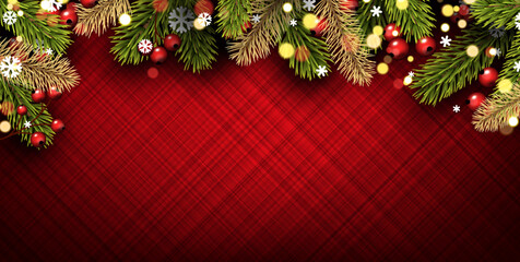 Holiday red background with realistic looking green and golden Christmas tree branches with berries, snowflakes, glowing lights.