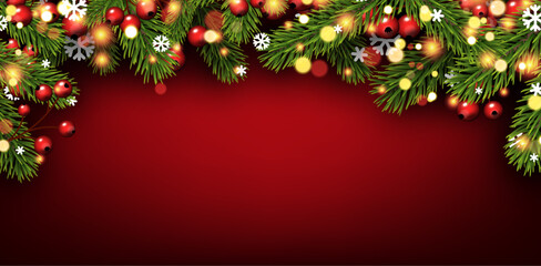 Holiday red background with realistic looking green Christmas tree branches with berries, snowflakes, glowing lights.