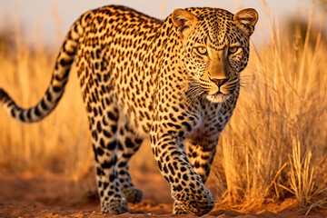 Leopard walking in the African savanna.