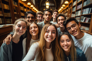 Fototapeta premium group of young students taking a selfie in the university library