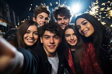 Fototapeta premium group of young people dressed in party clothes taking a selfie with fireworks in the background and sparklers in their hands