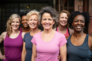 group of smiling middle aged women ready to start a gym class