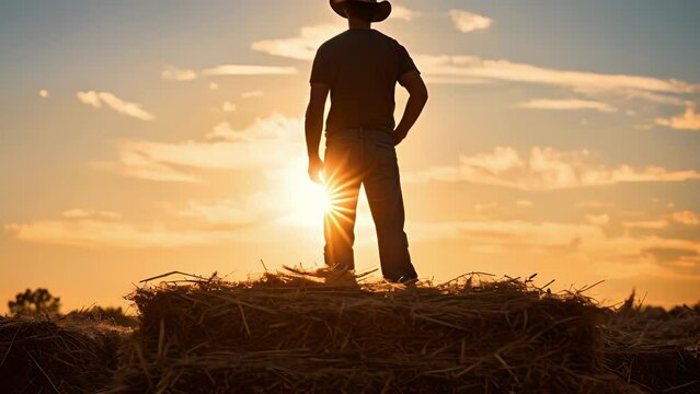 The silhouette of the Farm Worker is cast against the setting sun as he stands atop a hay bale pause for a moment before heading home.