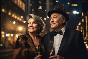Couple of man and woman, over 50, dressed to celebrate the New Year, with an out-of-focus...