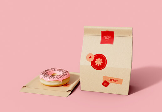 Delivery Paper Bags with Donut Mockup