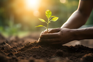 Farmer hand protection tree planting on soil with sunshine in garden, eco concept. - obrazy, fototapety, plakaty