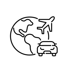 Earth globe, airplane and car. International global car rental service. Pixel perfect, editable stroke icon