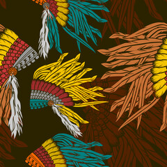Editable Side View Native American Headdresses Vector Illustration in Various Colors as Seamless Pattern With Dark Background for Traditional Culture and History Related Design
