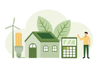 Obraz na płótnie Canvas Energy conservation concept. Green and sustainable power usage from recyclable resources to protect environment and nature ecology vector illustration. Clean energy.