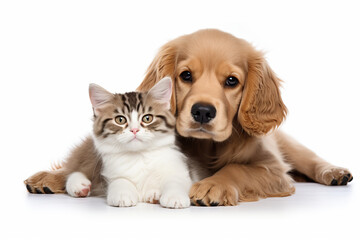 Obraz premium Adorable Golden Retriever puppy and ginger kitten sitting together, showcasing friendship and love. AI Generative.
