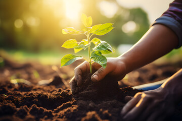 Farmer hand protection tree planting on soil with sunshine in garden, eco concept.