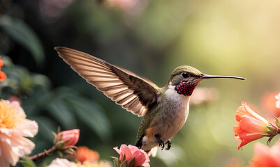A hummingbird caught in flight with wings visible