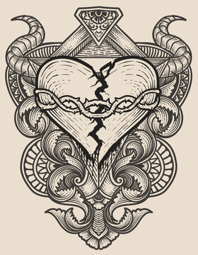 Illustration hand drawn. Broken heart with engraving ornament frame