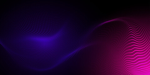 Abstract futuristic purple, violet and pink wave with moving dots. Flow of particles with glitch effect. Ideal vector graphics for brochures, flyers, magazines, business cards and banners. Vector.
