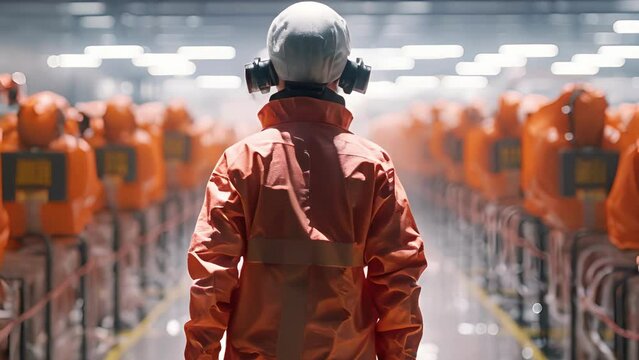 A figure covered in protective equipment standing in the middle of an example experiment in an intense concentration of focus