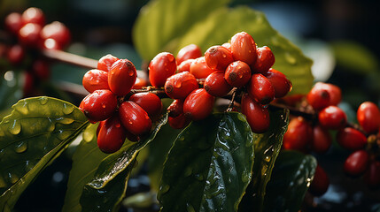 Wide closeup photo of coffee plant branch with fruits, beautiful red and orange color ripe coffee...